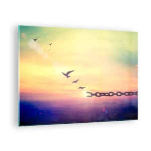 Quadro em vidro - Pássaros em voo tendo como pano de fundo uma corrente e um pôr do sol - 70x50cm - A vitória da liberdade - Decoração de parede moderna para a sala de estar e quarto ARTTOR