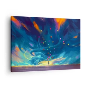 Quadro em tela - Uma figura com balões contra um fundo de nuvens coloridas e rodopiantes - 70x50cm - Ao vento azul - Decoração de parede moderna para a sala de estar e quarto ARTTOR