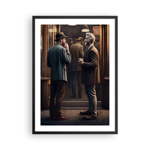 Pôster com moldura preta - Dois homens elegantes conversando em frente a um café - 50x70cm - Boa hora do dia - Decoração de parede moderna para a sala de estar e quarto ARTTOR
