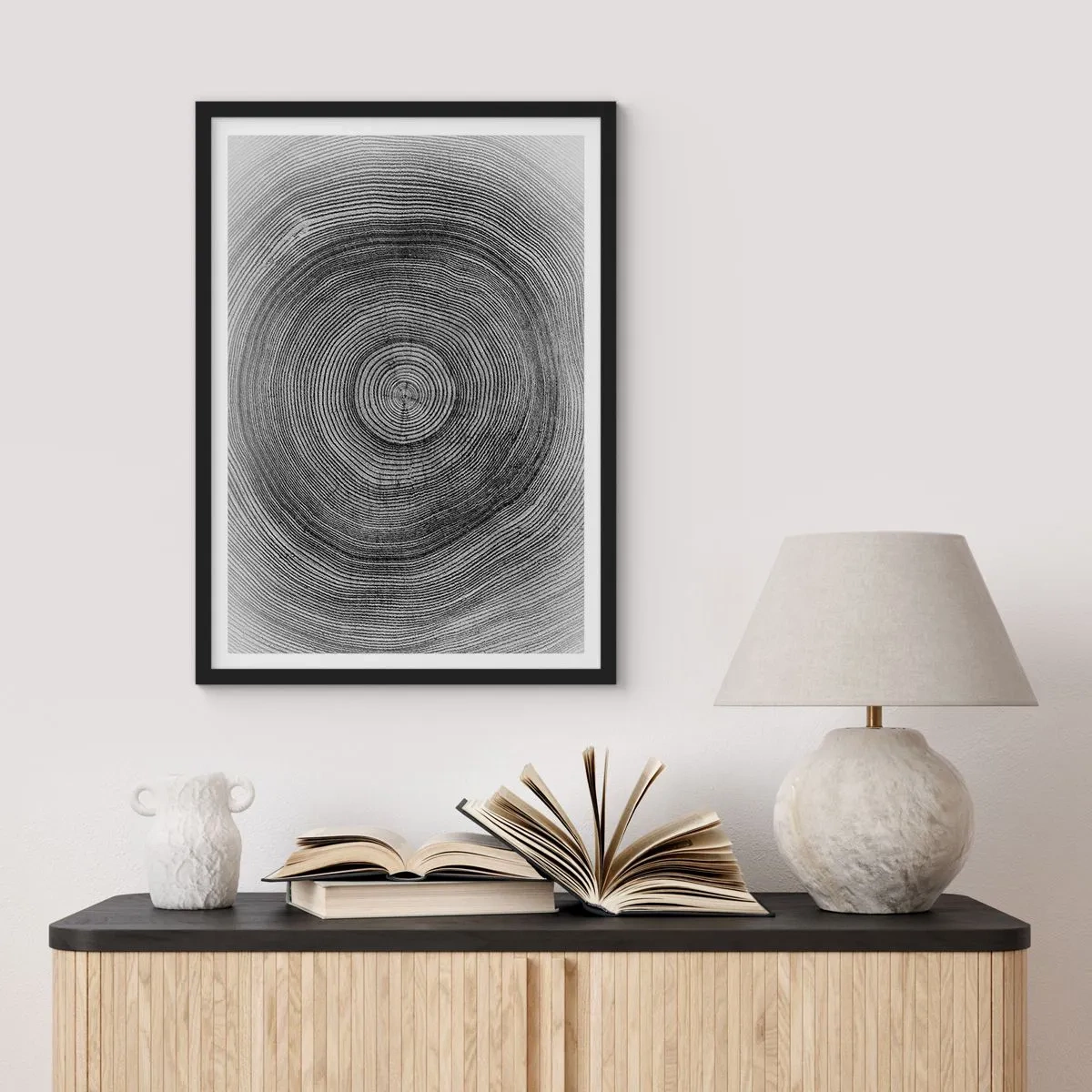 Pôster com moldura preta - Gráfico em preto e branco mostrando uma seção transversal do tronco de uma árvore - 50x70cm - Sinal dos tempos - Decoração de parede moderna para a sala de estar e quarto ARTTOR