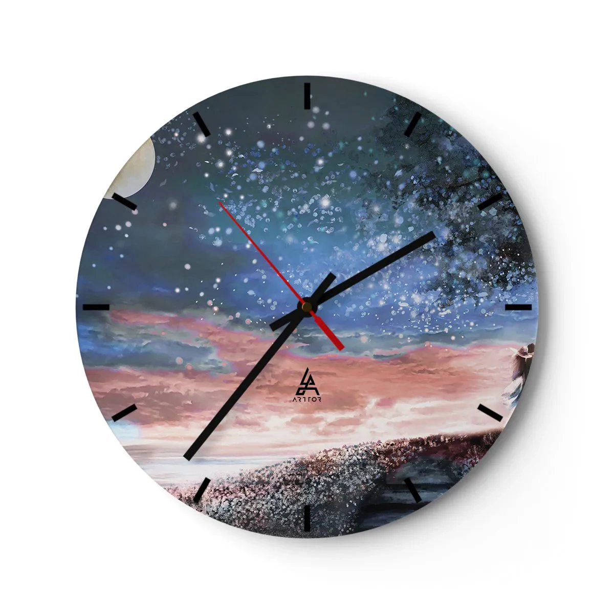 Relógio de parede - Relógio em vidro - Um céu noturno cheio de estrelas com uma lua e nuvens rosas - 30x30cm - Espetáculo estrelado - Decoração de parede moderna para a sala de estar, cozinha e quarto ARTTOR