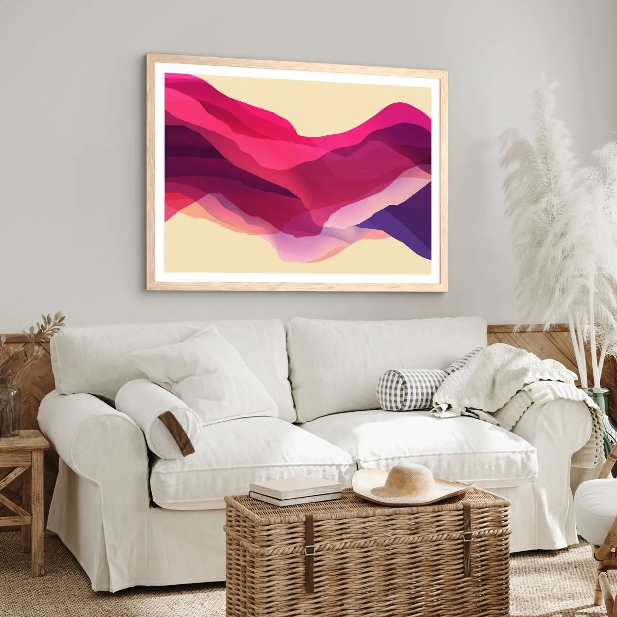 Pôster com moldura de carvalho claro - Ondas de roxo - 91x61 cm