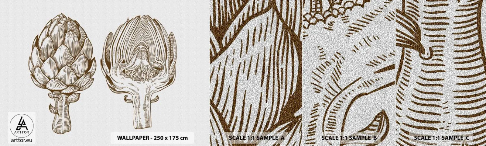 Amostra de papel de parede Premium Sand - Aula de anatomia - Alcachofra, Cozinha, Vegetais - 100x30 cm