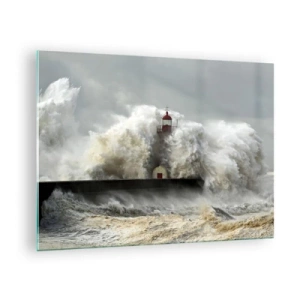 Quadro em vidro - Um farol cercado por ondas poderosas - 70x50cm - A ira do oceano - Decoração de parede moderna para a sala de estar e quarto ARTTOR