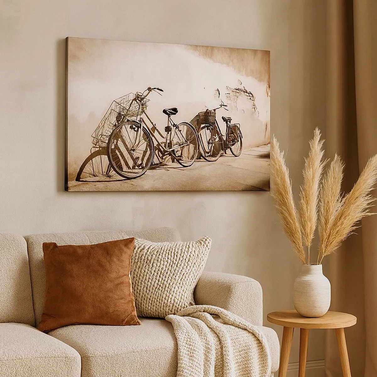 Quadro em tela - Duas bicicletas encostadas em uma parede antiga de estilo retrô - 70x50cm - Encanto inesquecível do passado - Decoração de parede moderna para a sala de estar e quarto ARTTOR