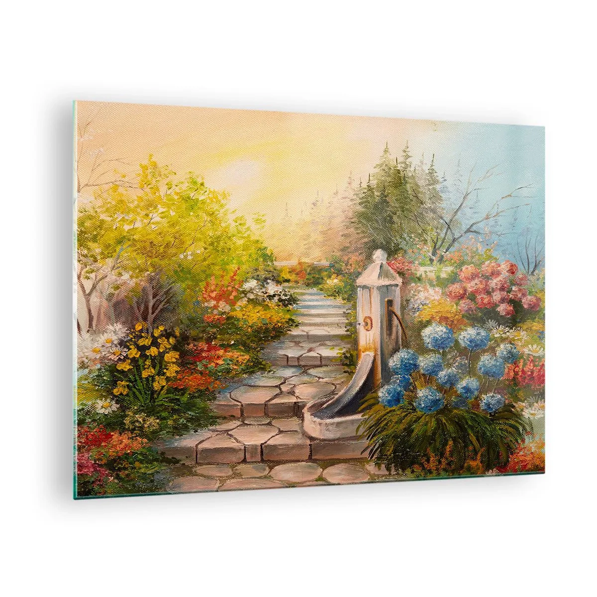 Quadro em vidro - Um jardim de flores com uma fonte em plena floração - 70x50cm - Em pleno florescimento - Decoração de parede moderna para a sala de estar e quarto ARTTOR