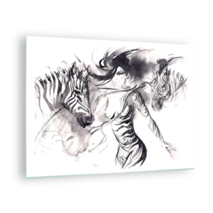 Quadro em vidro - Composição em preto e branco com uma mulher e uma zebra em estilo artístico - 70x50cm - Dançando com as zebras - Decoração de parede moderna para a sala de estar e quarto ARTTOR