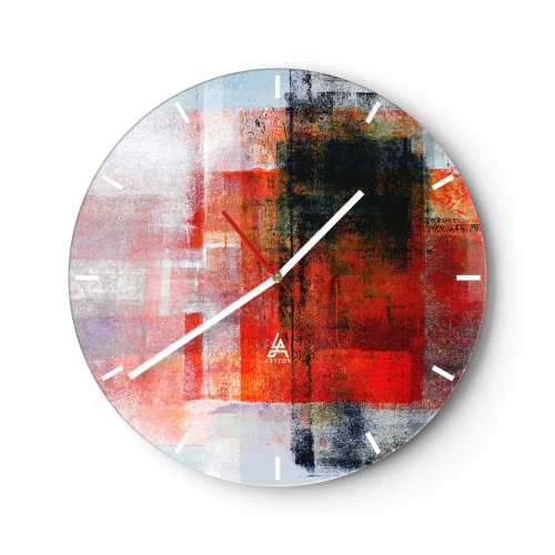 Relógio de parede - Relógio em vidro - Formas geométricas abstratas em tons de vermelho - 30x30cm - A composição brilha - Decoração de parede moderna para a sala de estar, cozinha e quarto ARTTOR
