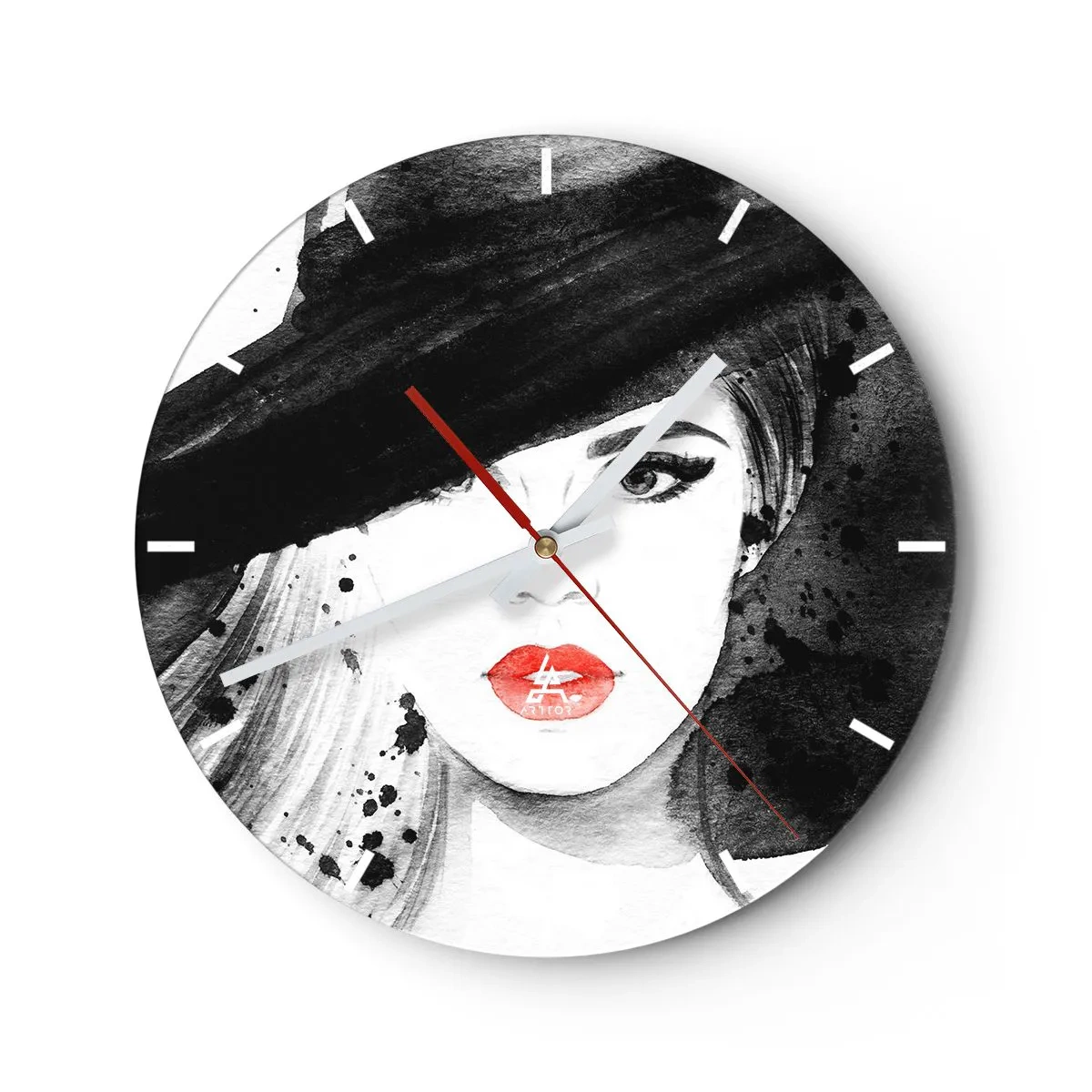 Relógio de parede - Relógio em vidro - Mulher estilosa com chapéu e lábios vermelhos - 30x30cm - Dama de Preto - Decoração de parede moderna para a sala de estar, cozinha e quarto ARTTOR
