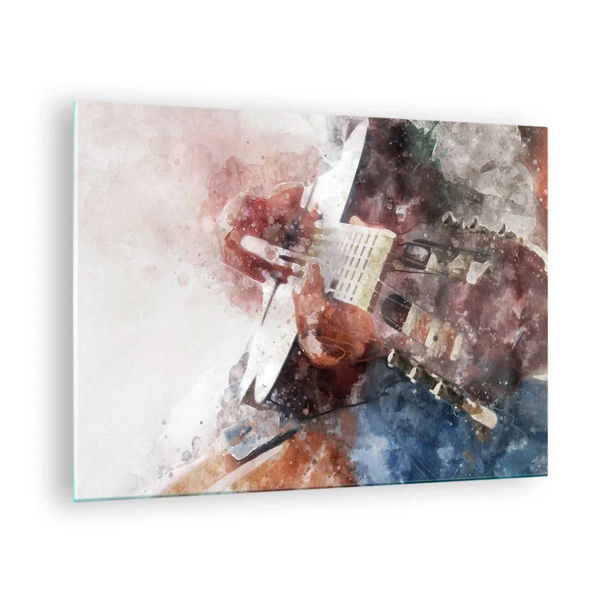 Quadro em vidro - Uma pintura em aquarela de um guitarrista artístico - 70x50cm - E o que acha? - Decoração de parede moderna para a sala de estar e quarto ARTTOR