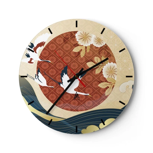 Relógio de parede - Relógio em vidro - Guindastes japoneses contra um fundo de um círculo vermelho e ondas estilizadas. - 30x30cm - Conto de fadas japonês - Decoração de parede moderna para a sala de estar, cozinha e quarto ARTTOR