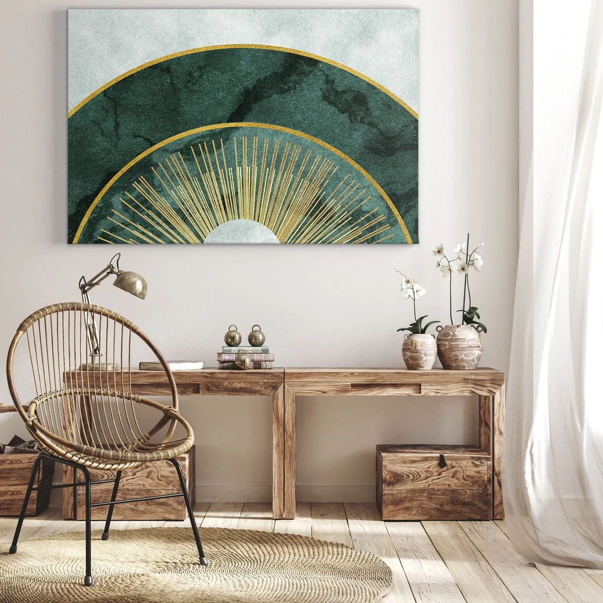 Quadro em tela - Padrão abstrato com círculos em cores esmeralda e dourada. - 70x50cm - Outro sistema solar - Decoração de parede moderna para a sala de estar e quarto ARTTOR