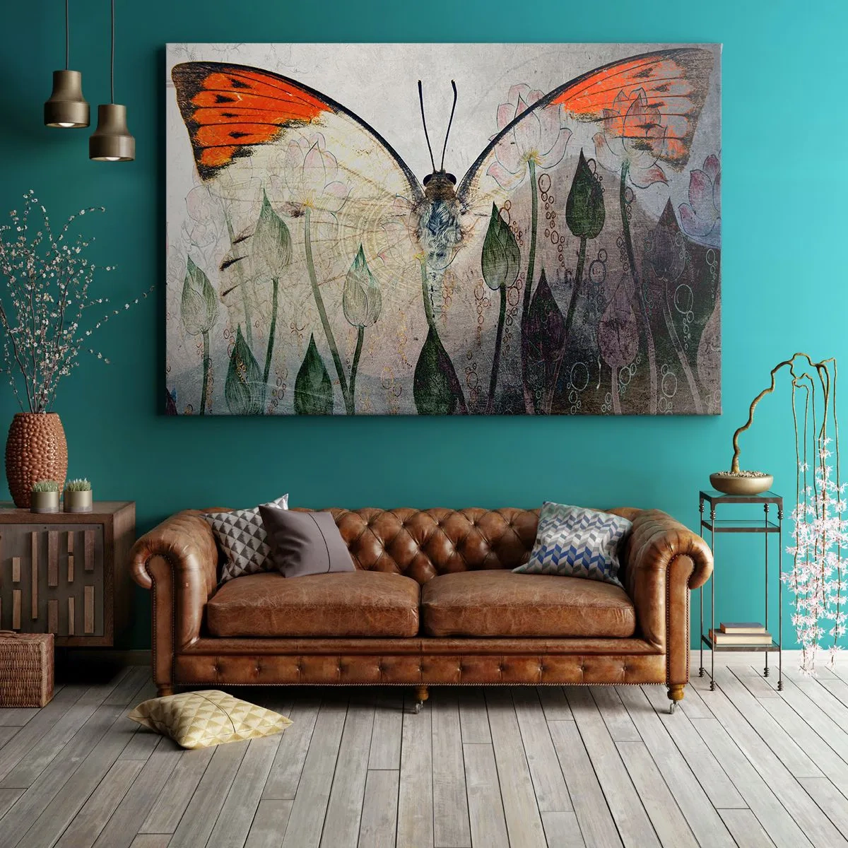 Quadro em tela - Uma borboleta com asas laranjas sobre um fundo de flores estilizadas. - 70x50cm - Onde a borboleta se esconde na relva - Decoração de parede moderna para a sala de estar e quarto ARTTOR