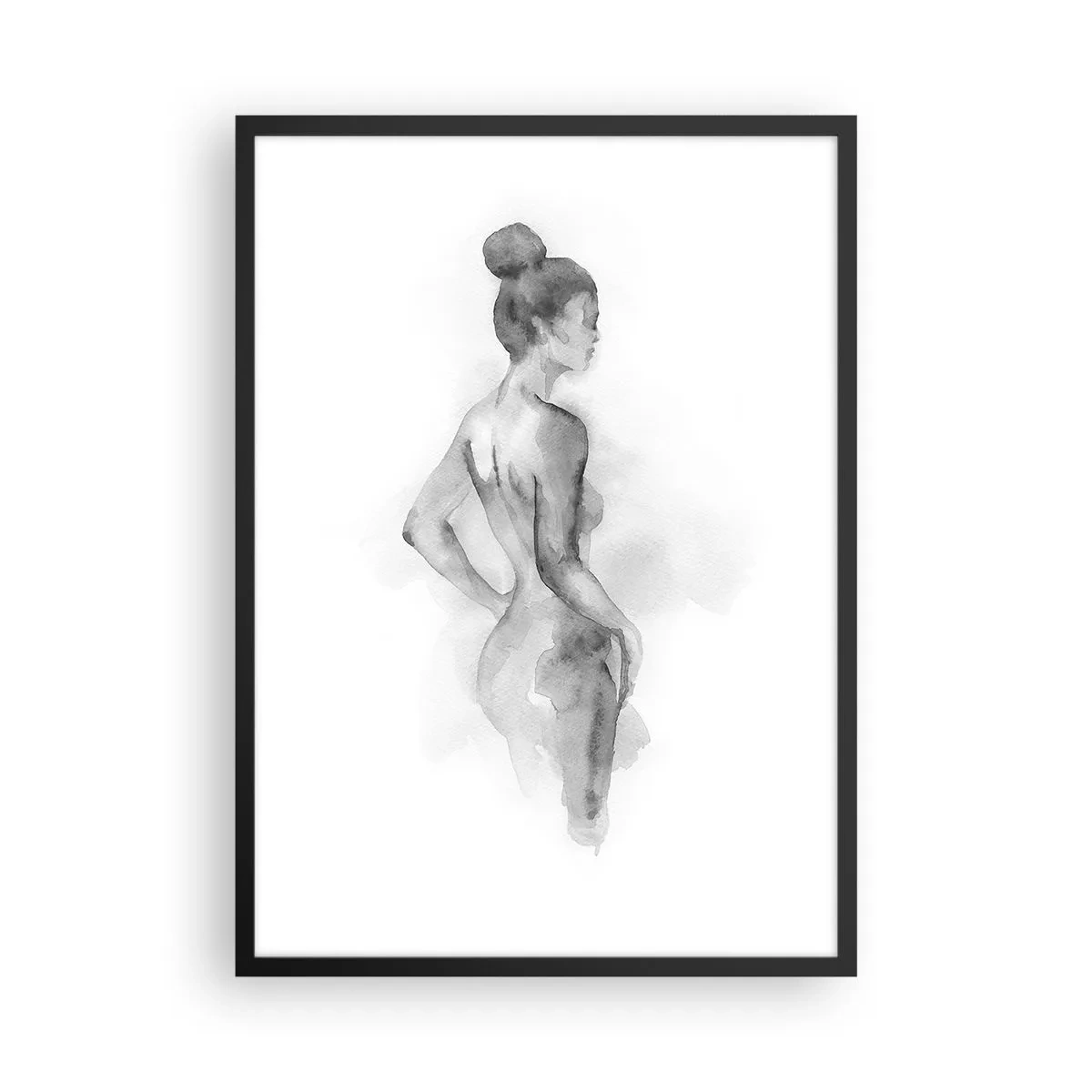 Pôster com moldura preta - Um sutil retrato em aquarela de uma mulher em tons de cinza. - 50x70cm - Linda como uma pintura - Decoração de parede moderna para a sala de estar e quarto ARTTOR