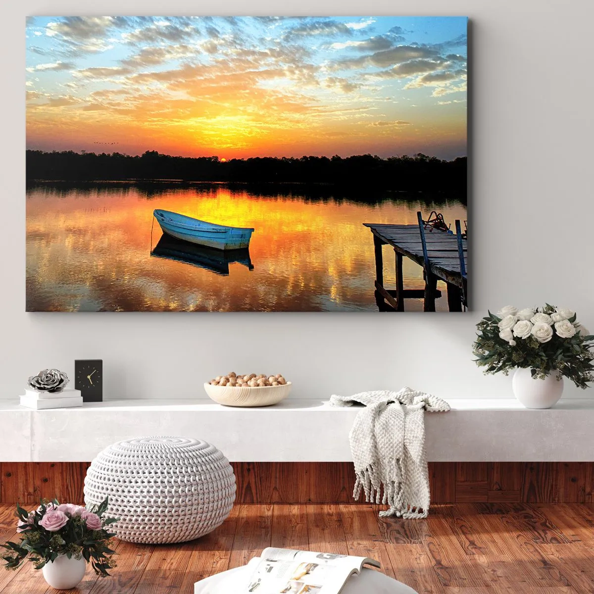 Quadro em tela - Um barco em um lago calmo durante o pôr do sol - 70x50cm - Olhe, ouça, medite - Decoração de parede moderna para a sala de estar e quarto ARTTOR
