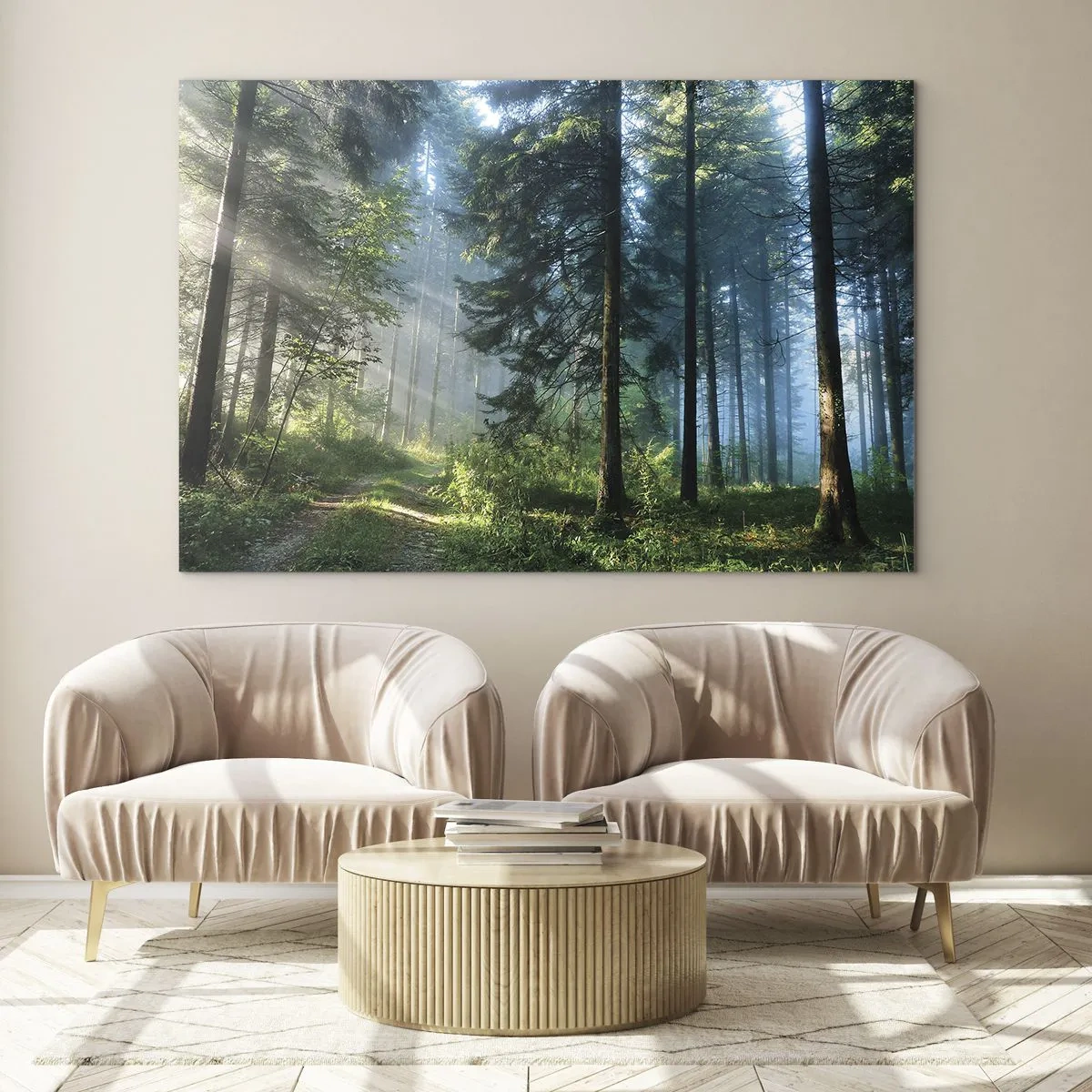 Quadro em vidro - Um caminho na floresta na névoa da manhã entre árvores altas - 70x50cm - Radiante de manhã - Decoração de parede moderna para a sala de estar e quarto ARTTOR
