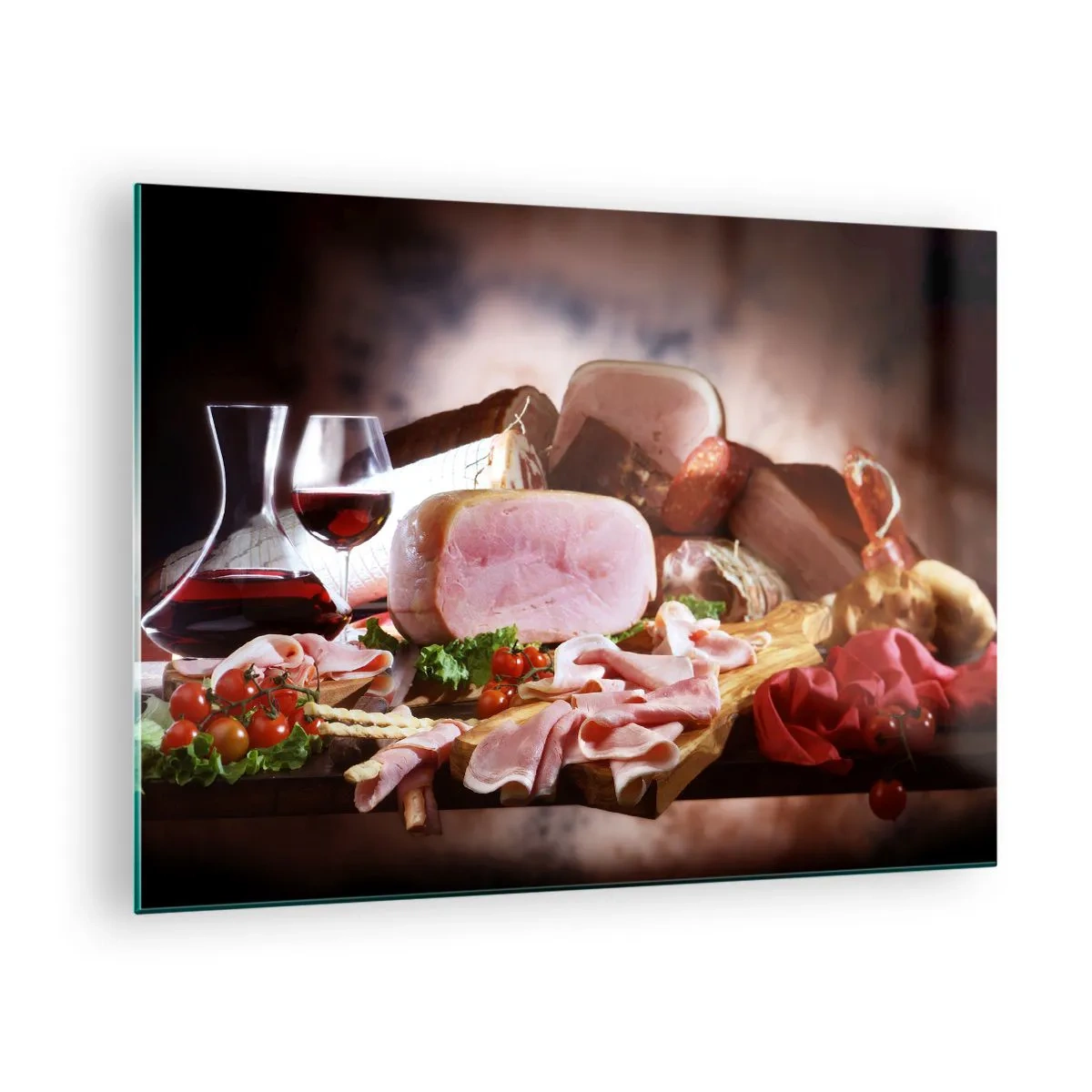 Quadro em vidro - Mesa de cozinha com frios, vinho e vegetais frescos - 70x50cm - Um sonho culinário com uma jarra - Decoração de parede moderna para a sala de estar e quarto ARTTOR