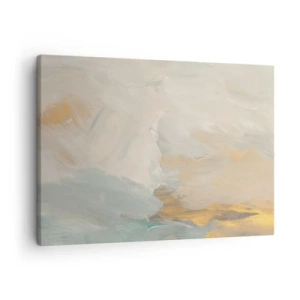 Quadro em tela - Delicados traços abstratos em tons de branco e dourado - 70x50cm - Abstração – a terra da gentileza - Decoração de parede moderna para a sala de estar e quarto ARTTOR