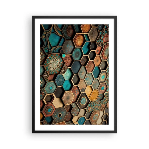 Pôster com moldura preta - Uma composição geométrica de hexágonos em uma paleta de dourado e turquesa. - 50x70cm - Ornamentos árabes – variação - Decoração de parede moderna para a sala de estar e quarto ARTTOR