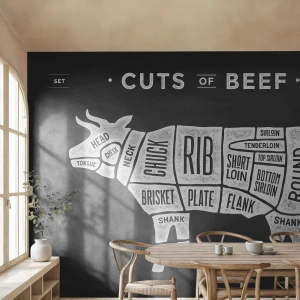 Papel de Parede Premium Sand - Cartilha do talhante - Gastronomia, Touro, Carne bovina - 100x70 cm