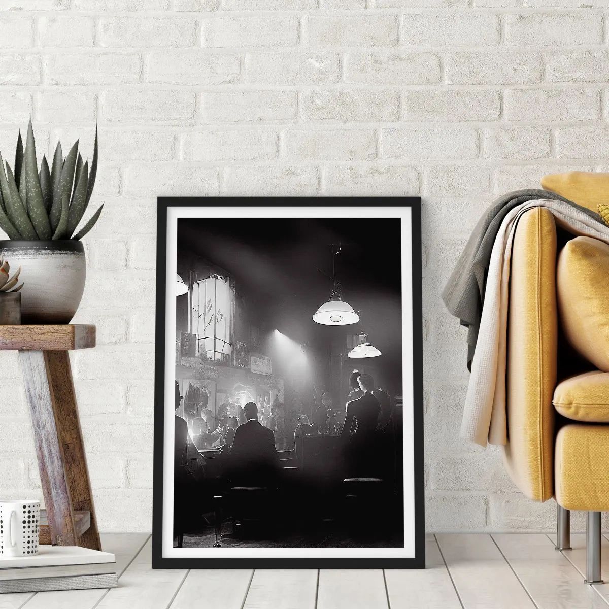 Pôster com moldura preta - Uma cena em preto e branco de uma boate de jazz atmosférica - 50x70cm - Em uma atmosfera de jazz - Decoração de parede moderna para a sala de estar e quarto ARTTOR