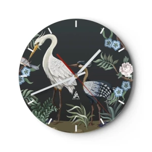 Relógio de parede - Relógio em vidro - Pássaros decorativos entre plantas em um fundo escuro - 30x30cm - Desfile de pássaros - Decoração de parede moderna para a sala de estar, cozinha e quarto ARTTOR
