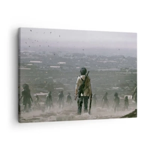 Quadro em tela - Uma figura com uma arma está em frente a um grupo em uma paisagem distópica. - 70x50cm - O último justo? - Decoração de parede moderna para a sala de estar e quarto ARTTOR