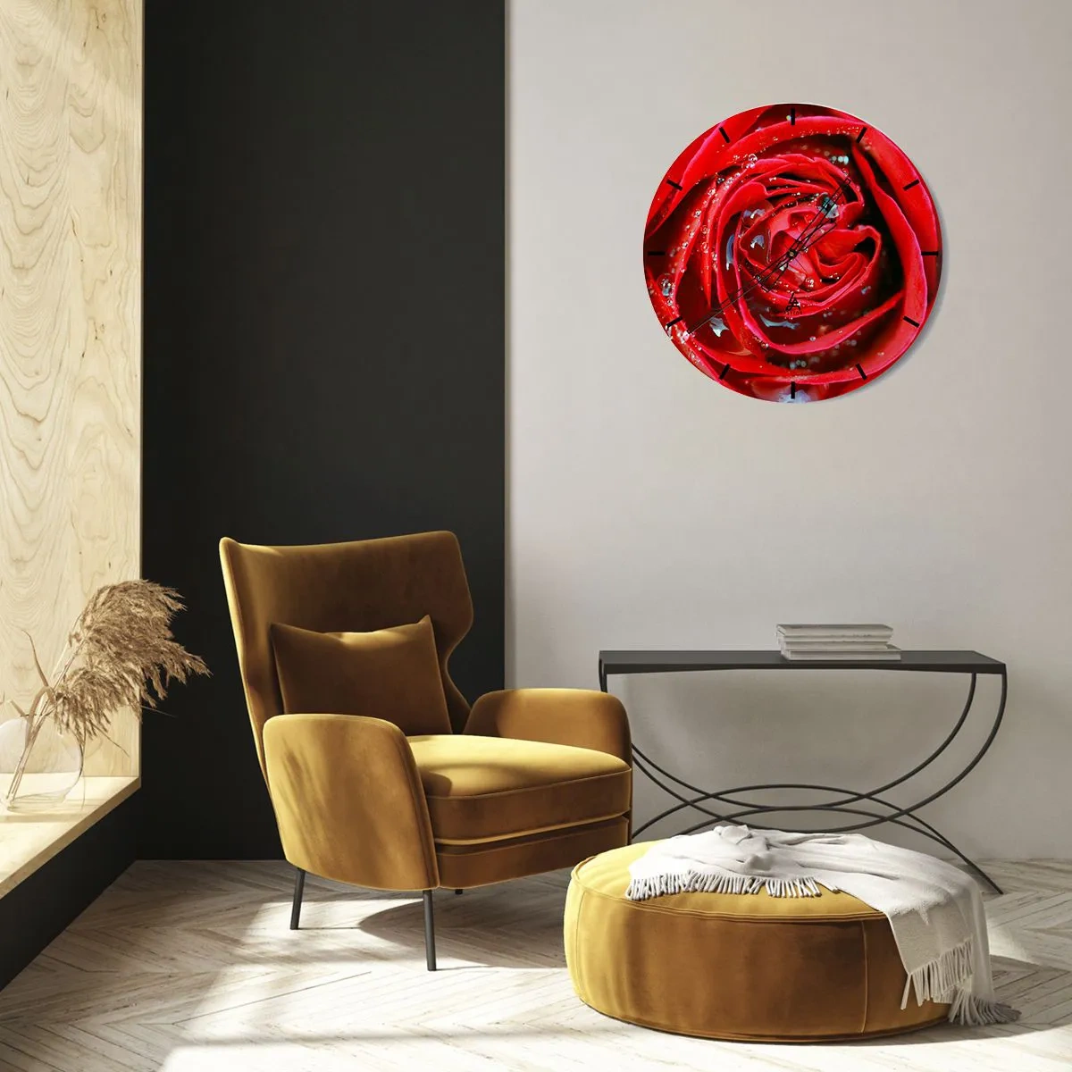 Relógio de parede - Relógio em vidro - Um close de uma rosa vermelha coberta de gotas de água - 30x30cm - Em gotas de orvalho - Decoração de parede moderna para a sala de estar, cozinha e quarto ARTTOR