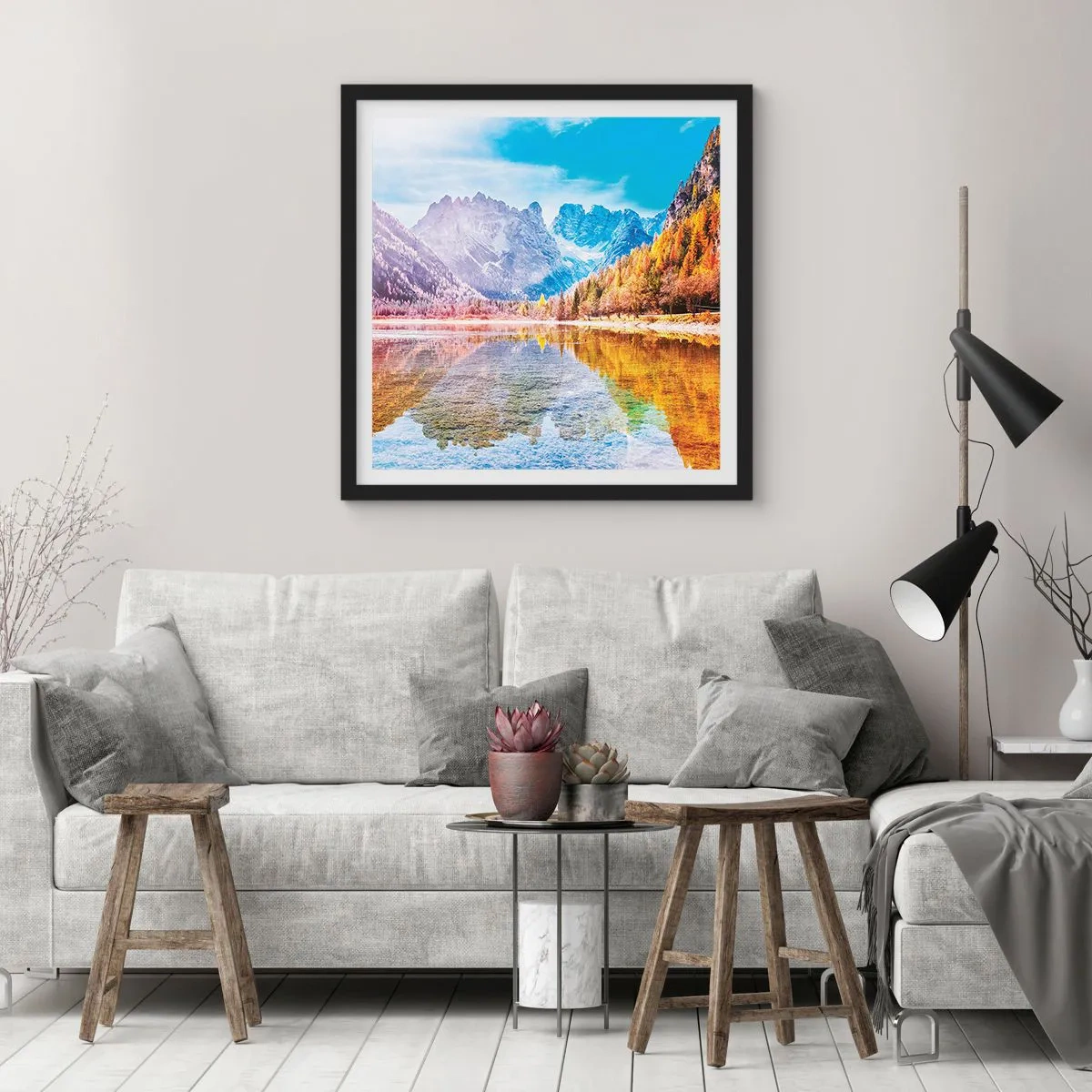 Pôster com moldura preta - E nas montanhas é outono - 50x50 cm