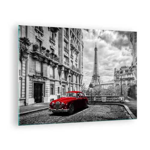 Quadro em vidro - Carro vermelho em frente à Torre Eiffel em Paris preto e branco - 70x50cm - Predador na cidade - Decoração de parede moderna para a sala de estar e quarto ARTTOR
