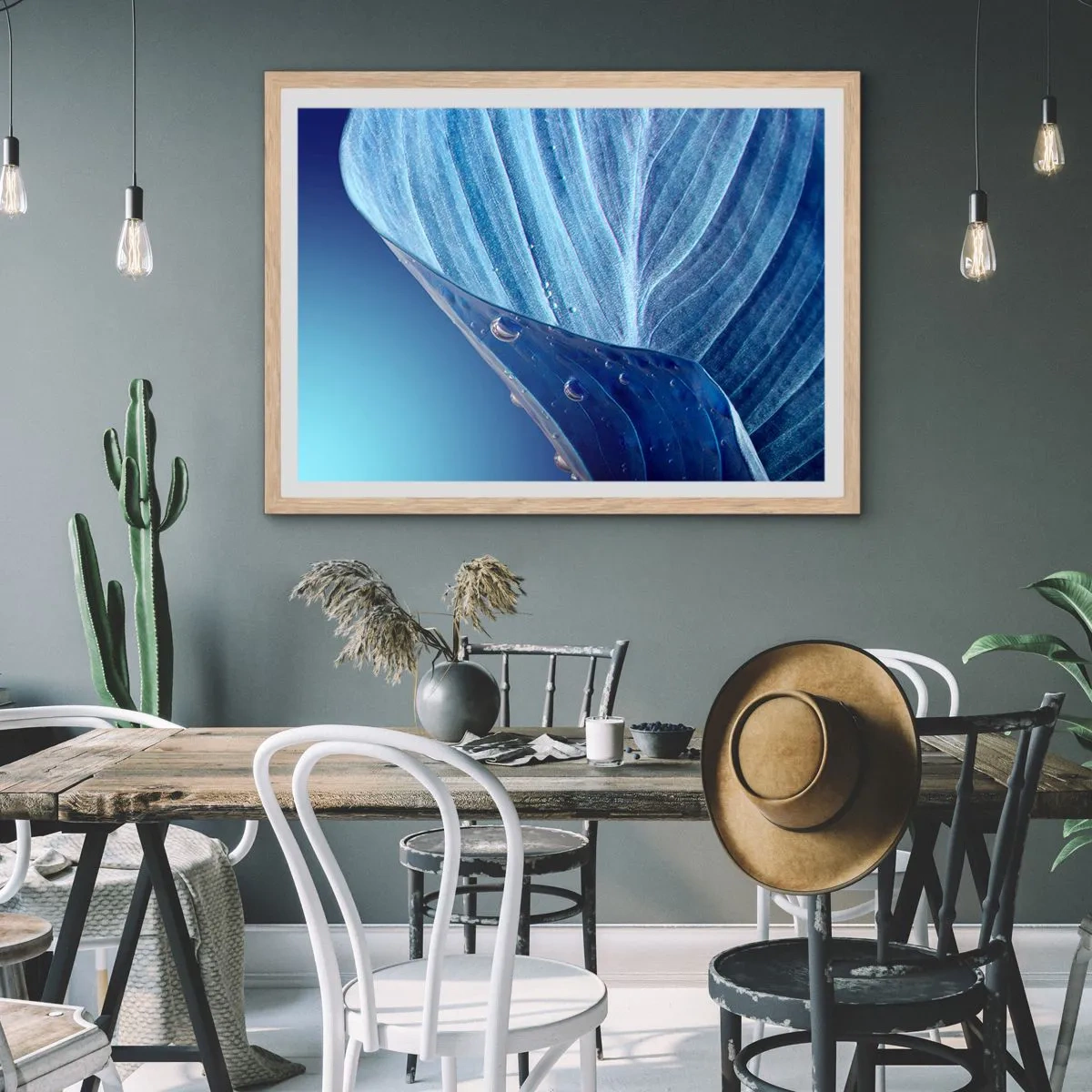 Pôster com moldura de carvalho claro - Gotas escondidas no azul - 70x50 cm