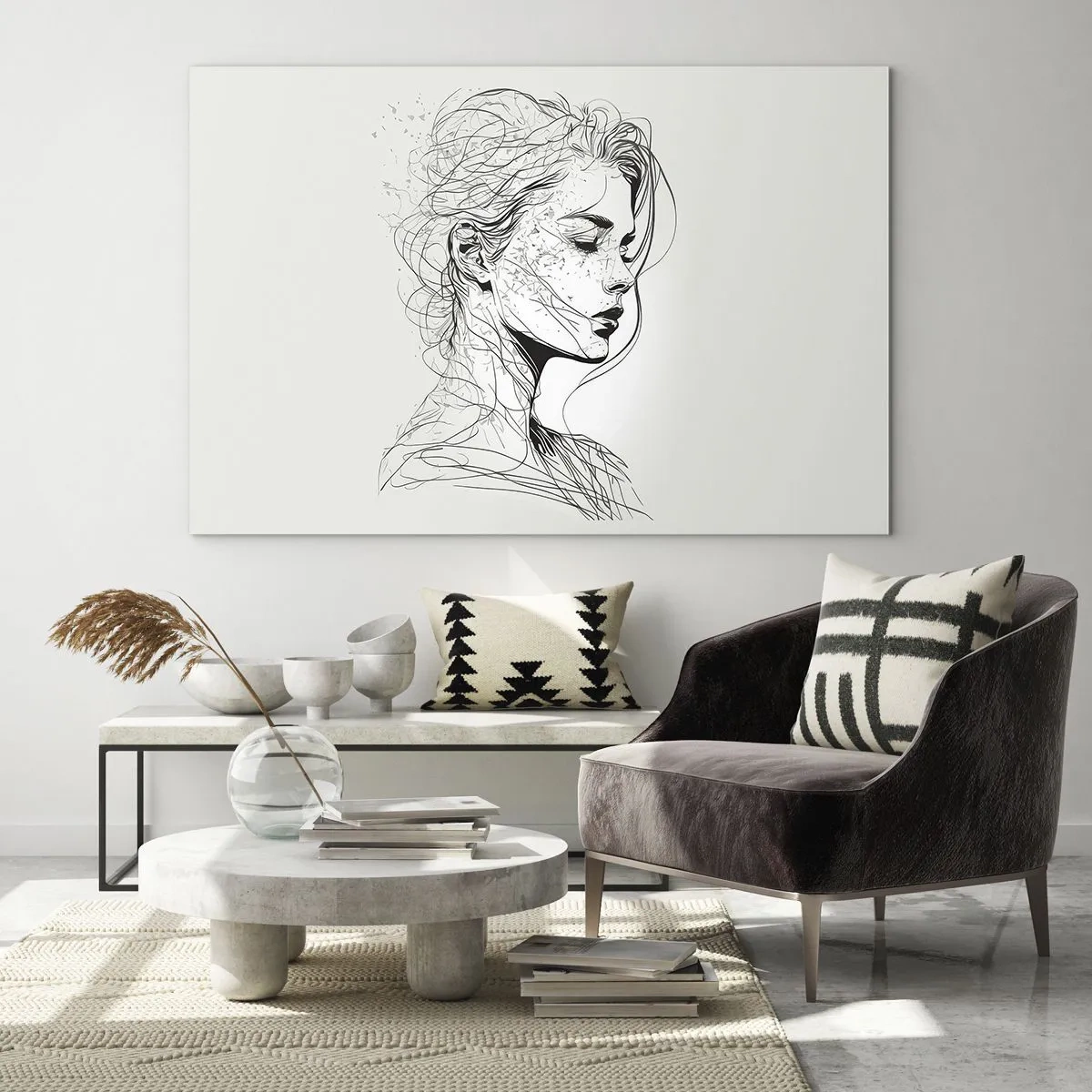 Quadro em vidro - Um esboço em preto e branco de uma mulher com os olhos fechados em uma linha delicada. - 70x50cm - Retrato em pensamento - Decoração de parede moderna para a sala de estar e quarto ARTTOR