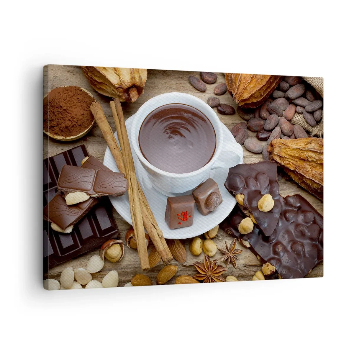 Quadro em tela - Uma xícara de chocolate quente cercada por ingredientes de sobremesa - 70x50cm - Da fábrica de chocolate de conto de fadas - Decoração de parede moderna para a sala de estar e quarto ARTTOR