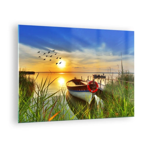Quadro em vidro - Um barco em um lago ao pôr do sol com pássaros no céu - 70x50cm - Os corvos-marinhos já estão de saída - Decoração de parede moderna para a sala de estar e quarto ARTTOR