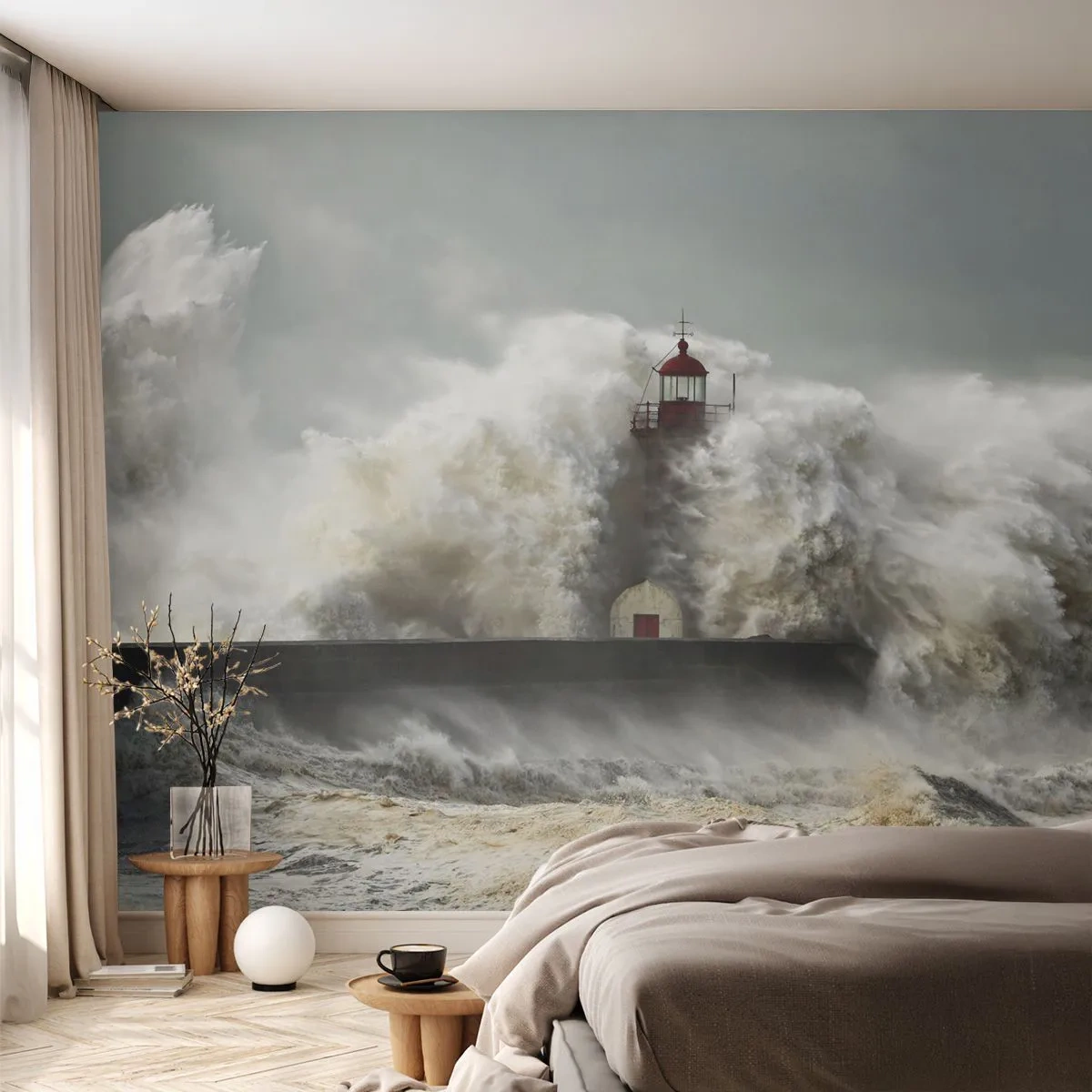 Papel de Parede Premium Canvas - A ira do oceano - Paisagem, Farol, Tempestade - 450x315 cm