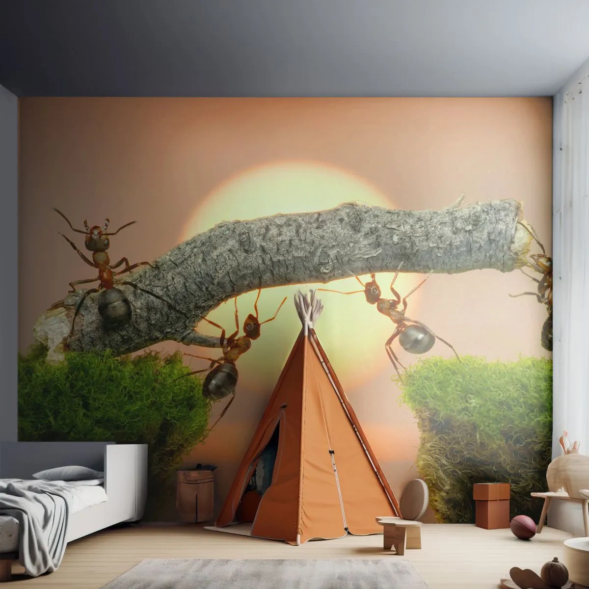 Papel de Parede Premium Sand - Trabalho alegre e colaborativo - Natureza, Formigas, Pôr do sol - 400x280 cm