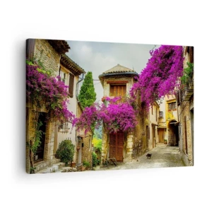 Quadro em tela - Uma rua de pedra com flores e casas cor-de-rosa - 70x50cm - Sob um dossel de flores - Decoração de parede moderna para a sala de estar e quarto ARTTOR