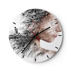 Relógio de parede - Relógio em vidro - Perfil artístico de uma mulher com motivo de galhos e pássaros sobre fundo branco. - 30x30cm - Espírito da floresta - Decoração de parede moderna para a sala de estar, cozinha e quarto ARTTOR