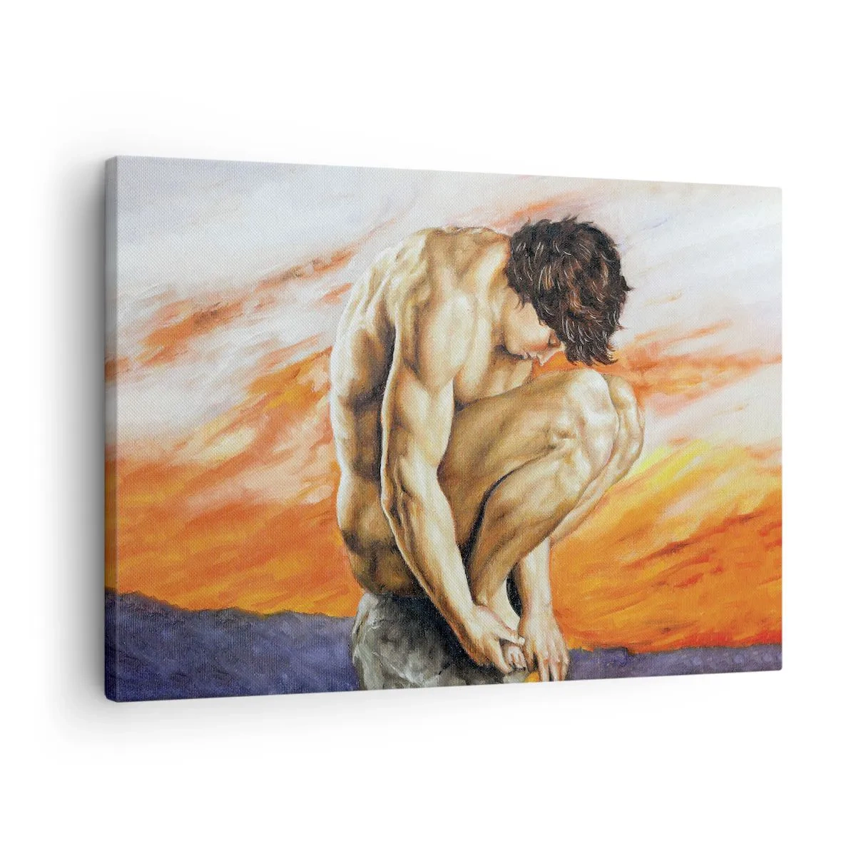 Quadro em tela - Um homem perdido em pensamentos tendo como pano de fundo o pôr do sol - 70x50cm - Imerso em si mesmo - Decoração de parede moderna para a sala de estar e quarto ARTTOR