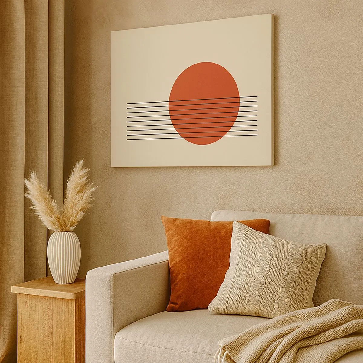 Quadro em tela - Círculo vermelho abstrato com linhas em um fundo bege. - 70x50cm - Em círculo e mais além - Decoração de parede moderna para a sala de estar e quarto ARTTOR