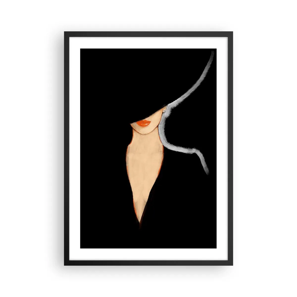 Pôster com moldura preta - Uma mulher de chapéu com lábios vermelhos em um fundo preto - 50x70cm - Elegância e estilo - Decoração de parede moderna para a sala de estar e quarto ARTTOR