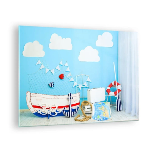 Quadro em vidro - Cena marinha decorativa com um barco e acessórios náuticos - 70x50cm - Saudade infantil da aventura - Decoração de parede moderna para a sala de estar e quarto ARTTOR