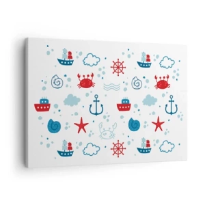 Quadro em tela - Padrão náutico com âncoras, navios e caranguejos - 70x50cm - Conto de fadas do mar - Decoração de parede moderna para a sala de estar e quarto ARTTOR