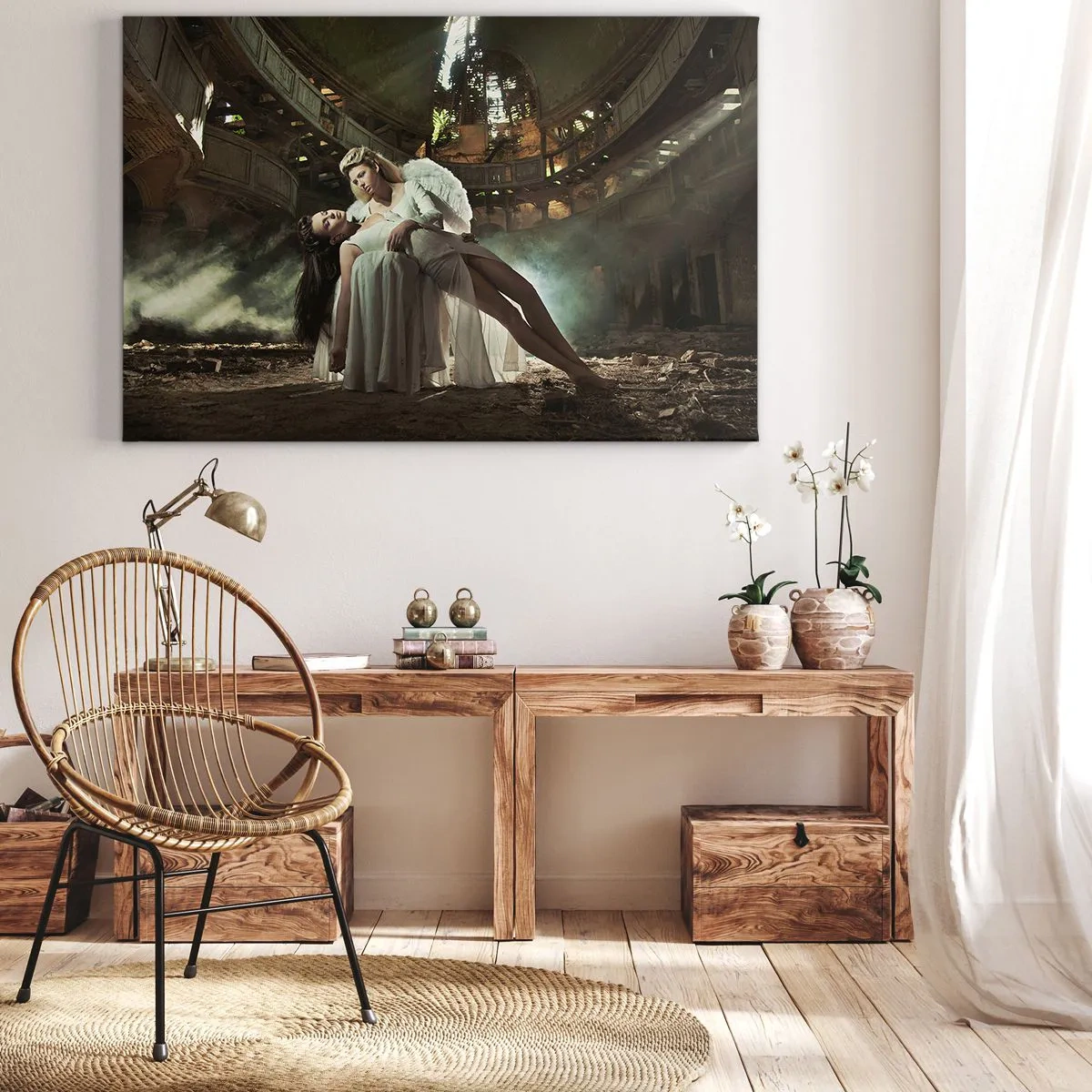 Quadro em tela - Duas figuras em ruínas com um jogo de luz - 70x50cm - O espírito do teatro antigo - Decoração de parede moderna para a sala de estar e quarto ARTTOR