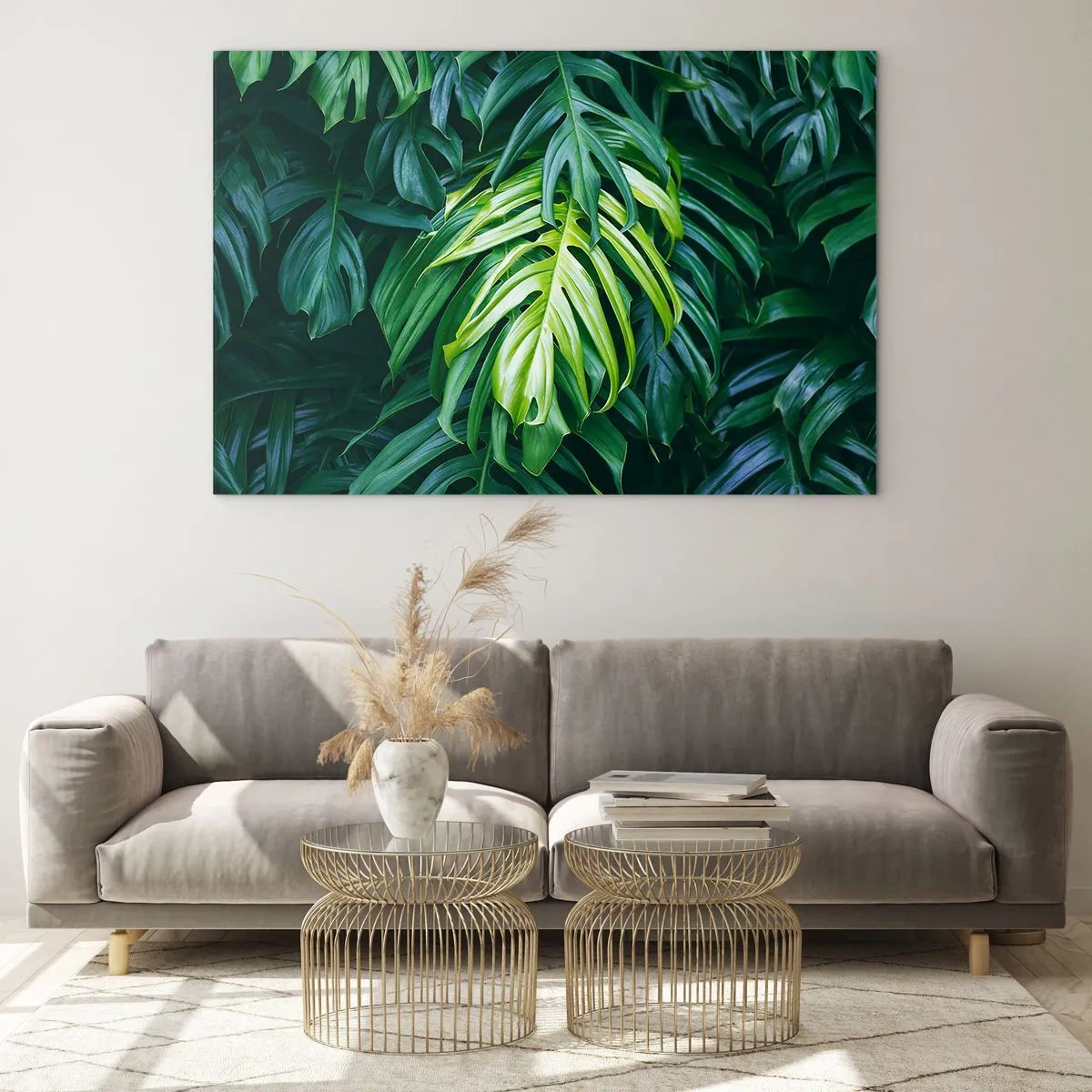 Quadro em vidro - Folhas verdes exuberantes de monstera sob luz natural - 70x50cm - Mergulhar no frescor - Decoração de parede moderna para a sala de estar e quarto ARTTOR