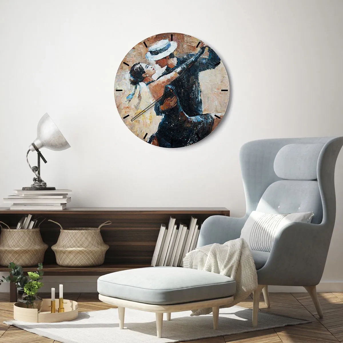 Relógio de parede - Relógio em vidro - Um casal dançando com trajes elegantes, chapéu e pose dinâmica - 30x30cm - A la Rudolf Valentino - Decoração de parede moderna para a sala de estar, cozinha e quarto ARTTOR