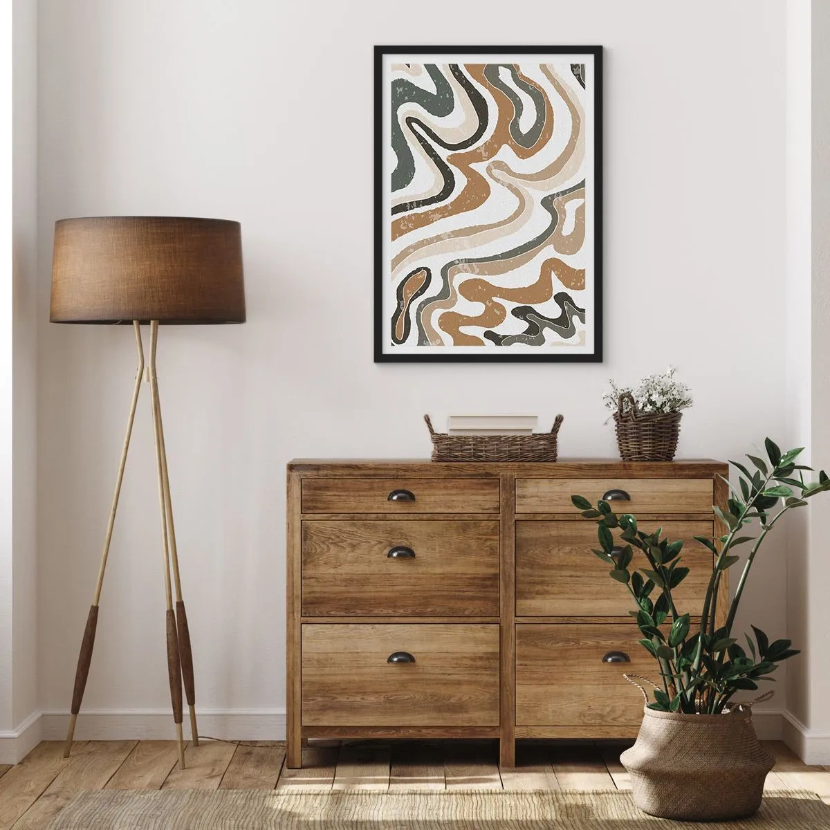 Pôster com moldura preta - Padrões orgânicos abstratos em tons terrosos - 50x70cm - Meandros de cores da terra - Decoração de parede moderna para a sala de estar e quarto ARTTOR
