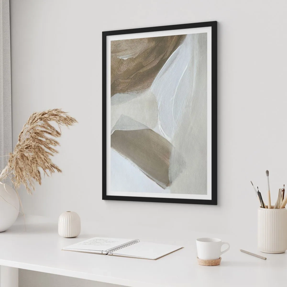 Pôster com moldura preta - Uma onda de branco - 70x100 cm