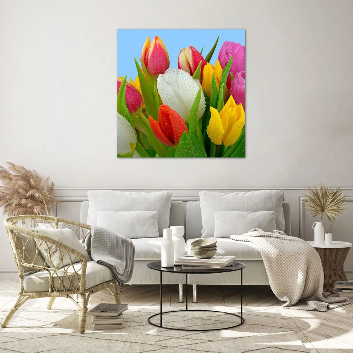 Quadro em vidro - Arco-íris floral em gotas de orvalho - 60x60 cm