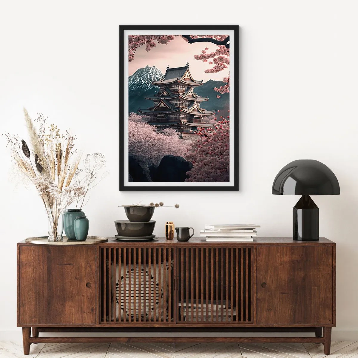 Pôster com moldura preta - Pagode japonês entre flores de cerejeira - 50x70cm - A terra da flor de cerejeira - Decoração de parede moderna para a sala de estar e quarto ARTTOR
